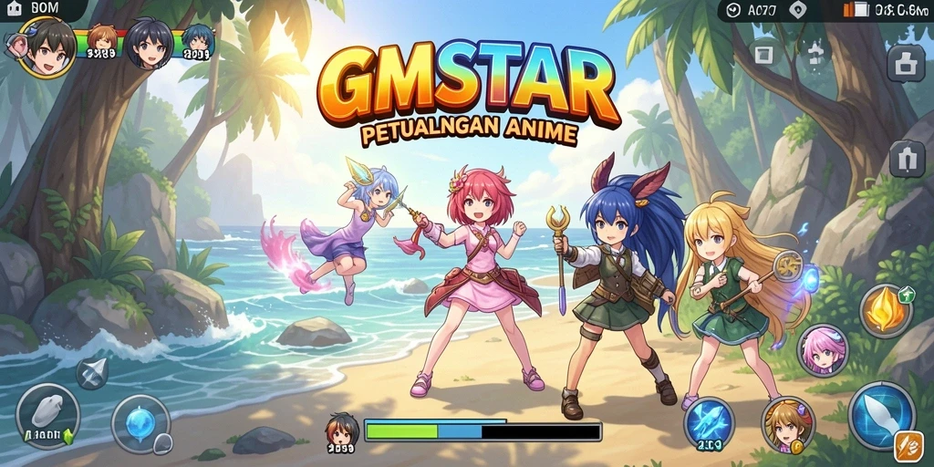 Tampilan gameplay GMSTAR yang penuh warna dan karakter anime menarik.