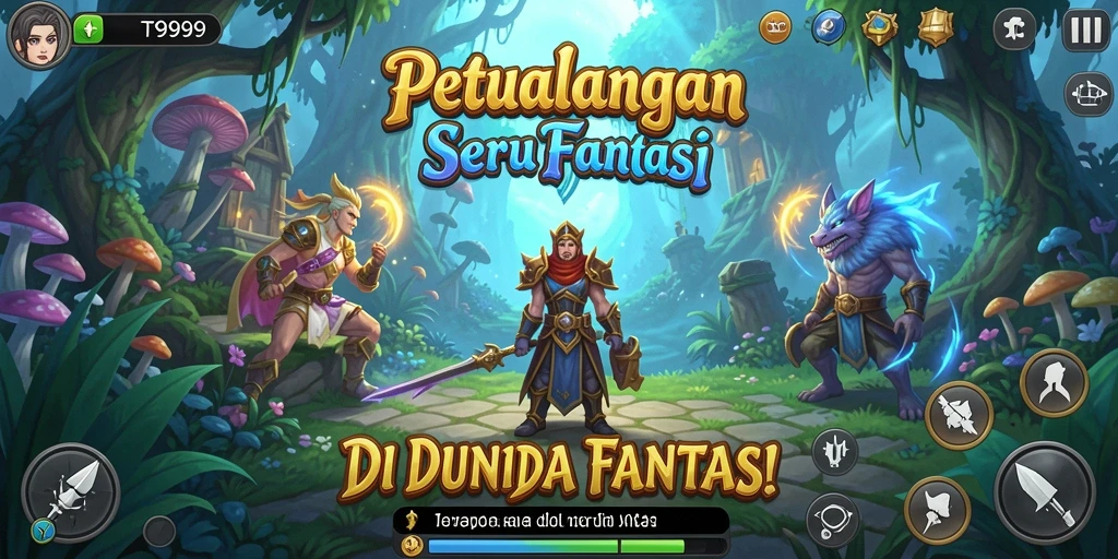 Screenshot T9999 menampilkan pertarungan seru dan eksplorasi dunia fantasi.