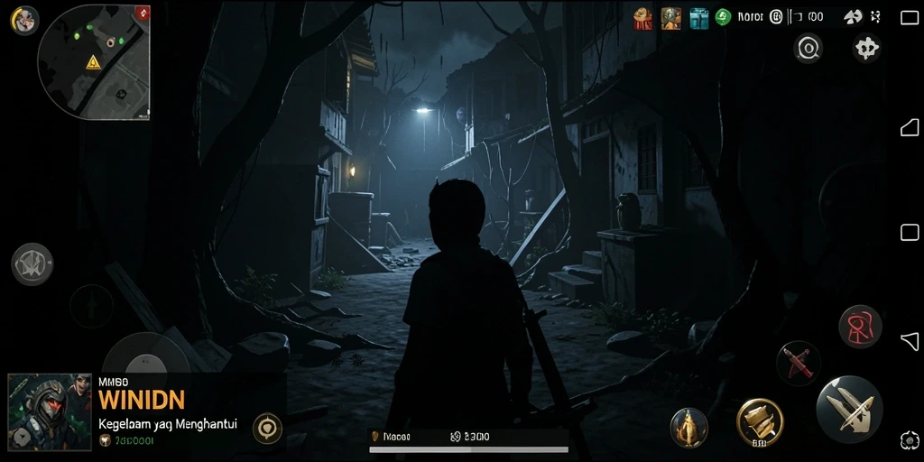Screenshot gameplay WINIDN yang menampilkan suasana menyeramkan dan mencekam.